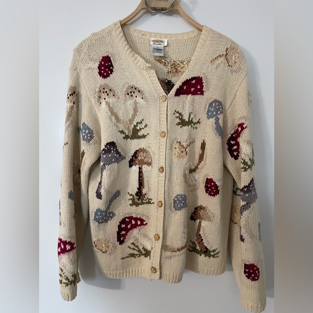 Vintage Talbots Handknit Mushroom Fungi Cottagecore Cardigan Sweater Small